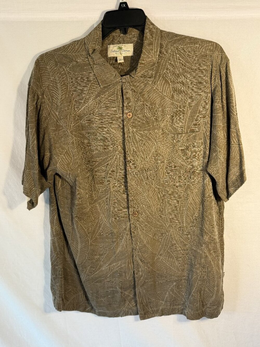 Island Shores Mens Large Silk Hawaiian Camp Shirt Khaki Tan Olive Leaf Print